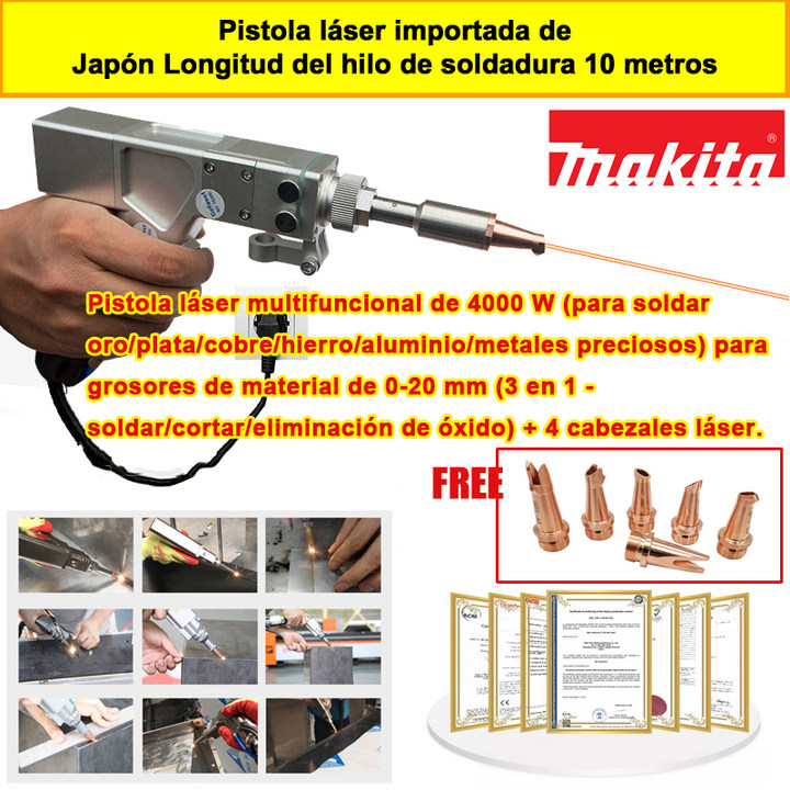 Pistola láser multifuncional de 4000 W (para soldar oro/plata/cobre/hierro/aluminio/metales preciosos) para grosores de material de 0-20 mm (3 en 1 - soldar/cortar/desoxidar) + 4 cabezales láser.